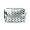 Silver cosmetic storage bag with a polka dot pattern shown from the front.