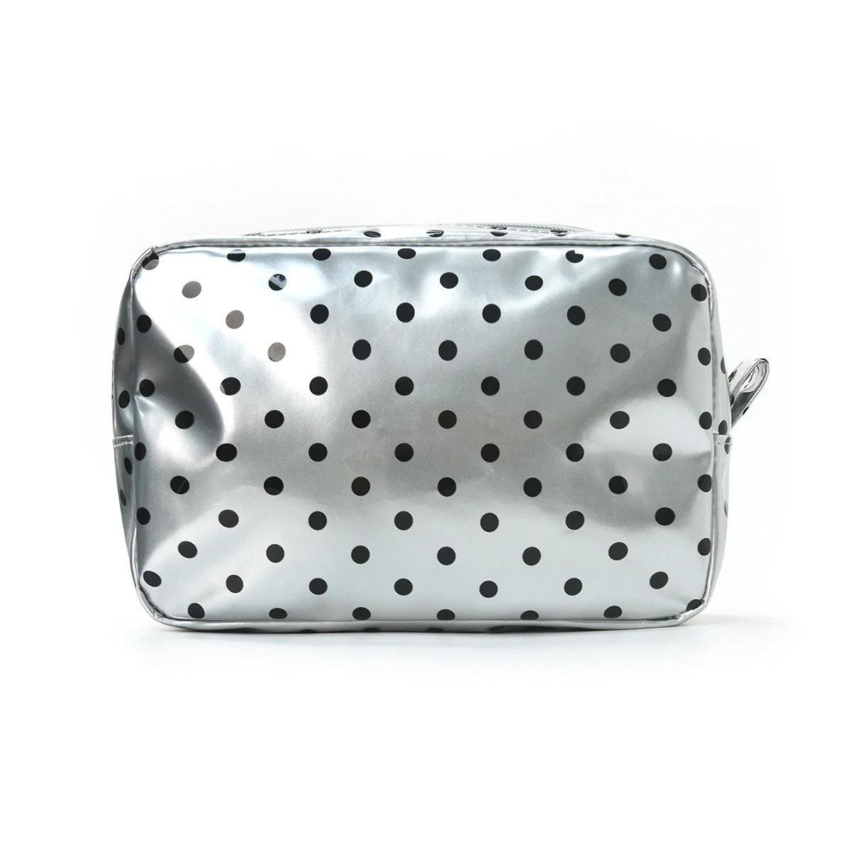 Silver cosmetic storage bag with a polka dot pattern shown from the front.