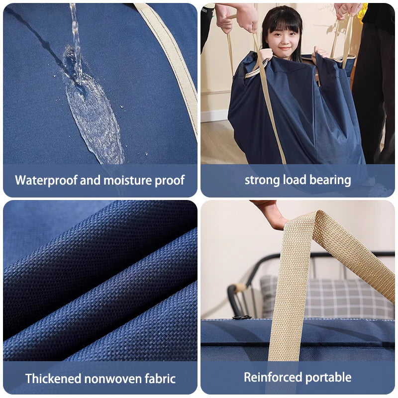 Various views of extra-large foldable waterproof bags showing their features like strong load bearing, thickened nonwoven fab