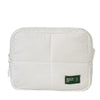 A white aesthetic quilted puffer makeup bag with a flap closure.