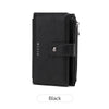 Black women's RFID blocking clutch wallet with a leather texture and a snap closure.