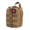 A tan tactical first aid kit bag with a black cross patch on the front