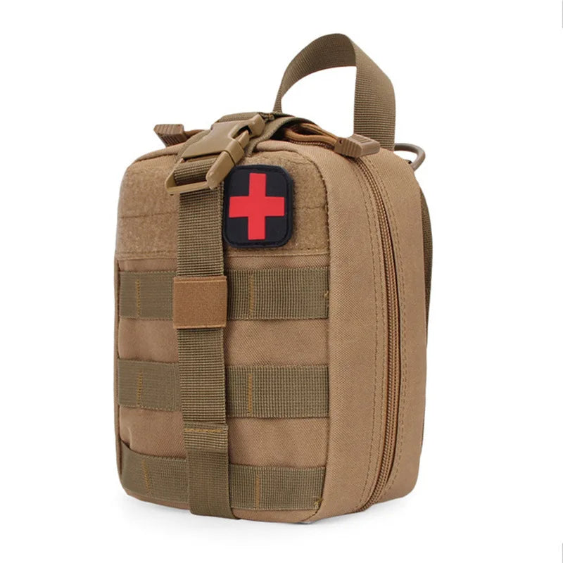 A tan tactical first aid kit bag with a black cross patch on the front