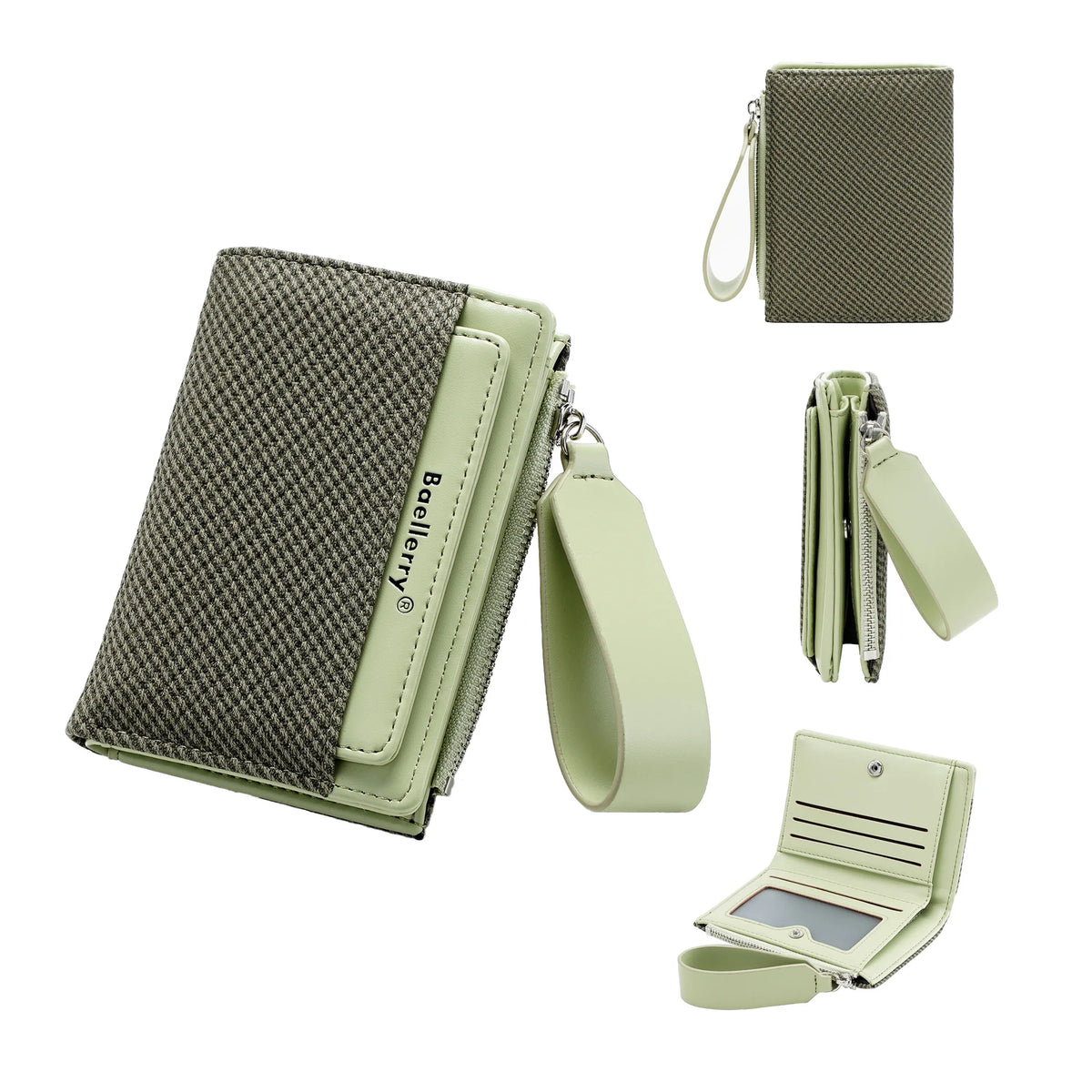 A green textured zip-around wallet shown with various compartments and a matching card holder.