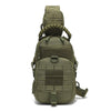 Olive green tactical chest bag or sling pack with a braided strap and multiple pockets