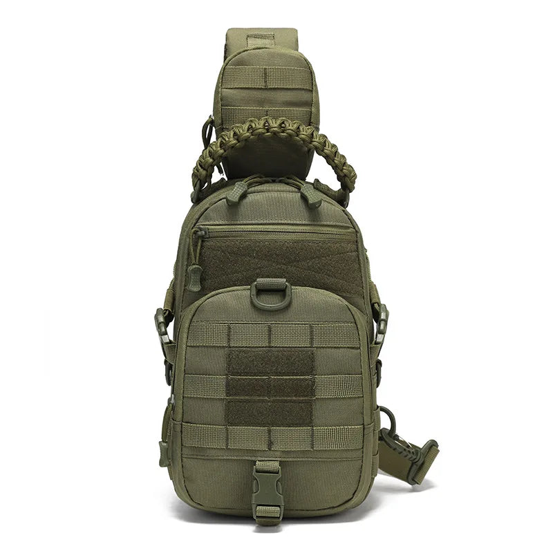 Olive green tactical chest bag or sling pack with a braided strap and multiple pockets