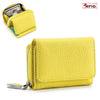 Cartera de cuero genuino de vaca amarilla con cierre pequeño para mujer, vista en plano