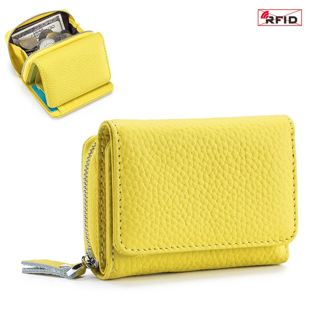Cartera de cuero genuino de vaca amarilla con cierre pequeño para mujer, vista en plano