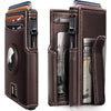 Cartera de aluminio plegable marrón oscuro para hombre mostrando varias tarjetas y efectivo dentro.
