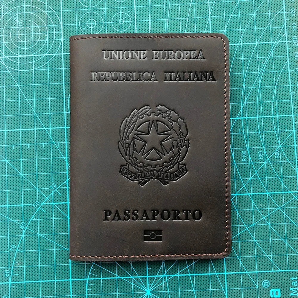 A dark brown leather passport holder for the Italian Republic of Italy, featuring an EU emblem and the word PASSAPORTO.