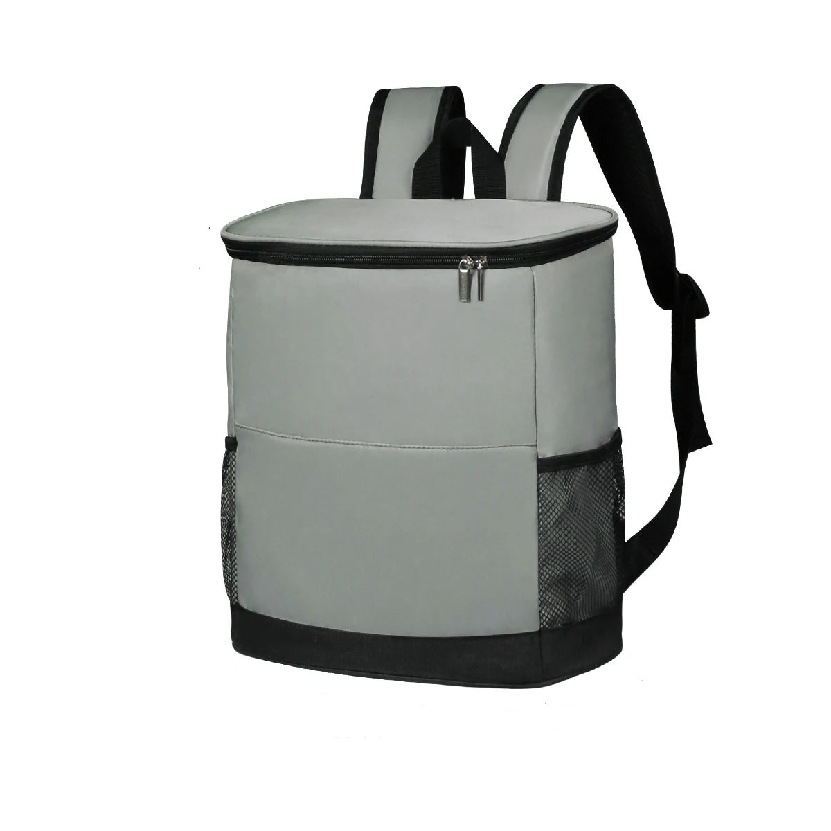 A gray heavy duty leak-proof cooler backpack with black straps and a mesh bottom.