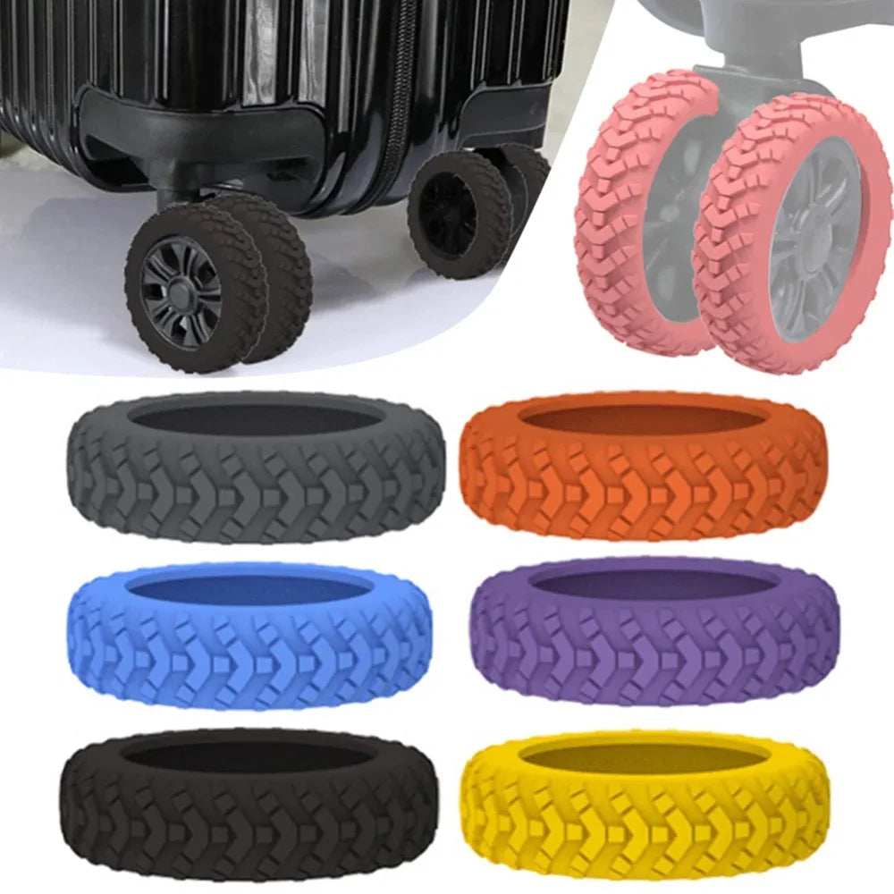 Acht Silikon-Gummibeschützer für Gepäck-Räder in verschiedenen Farben, darunter schwarz, orange, blau, lila und gelb.