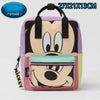 Mochila rosa y morada con diseño de Mickey Mouse y una bolsa verde claro.