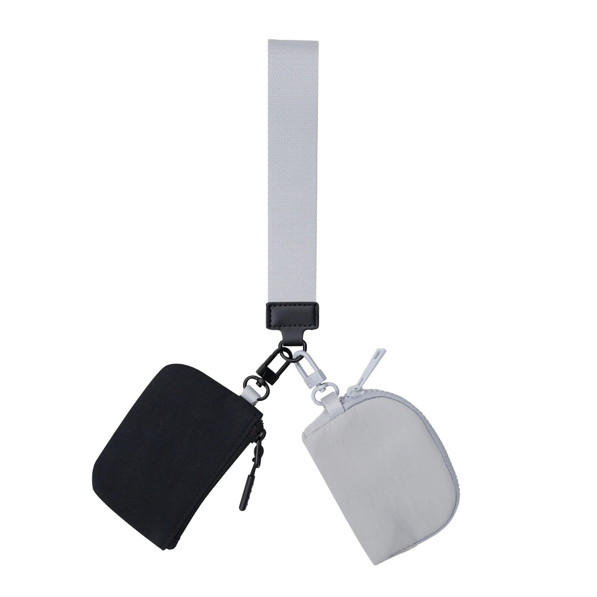 A vertical gray strap with a black pouch attached, featuring a silver zipper closure.