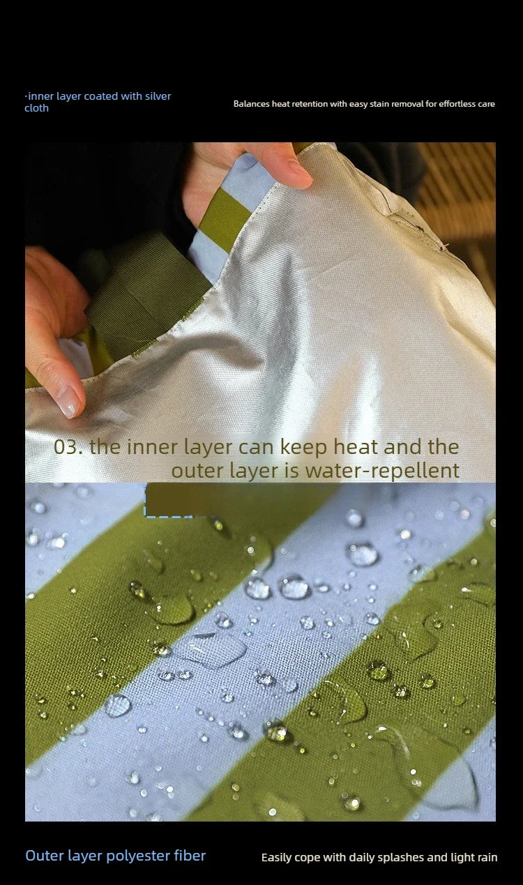Close-up of an insulated lunch bag showing layers, with water droplets visible on the outer layer.