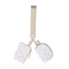 A beige nylon zip wristlet coin purse with a long strap and a checkered pattern.