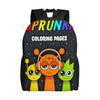 A black backpack featuring a colorful illustration of three cartoon characters on the front.