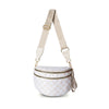 A beige nylon crossbody bag with a checkered pattern and tan leather strap.