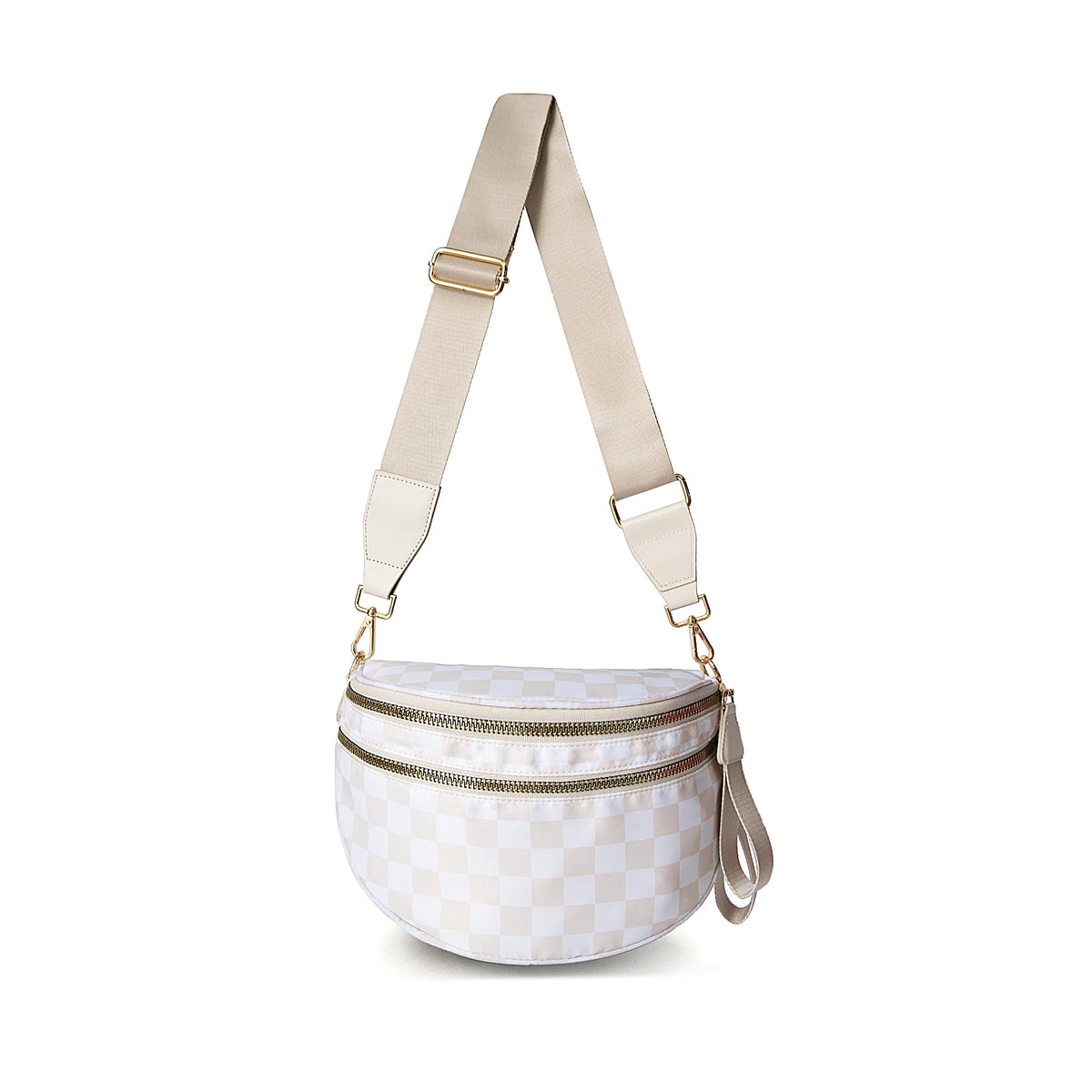 A beige nylon crossbody bag with a checkered pattern and tan leather strap.