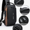 A black anti-theft crossbody chest bag shown with various features like a night reflective strip and smooth zipper.