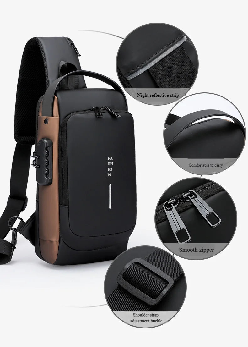 A black anti-theft crossbody chest bag shown with various features like a night reflective strip and smooth zipper.
