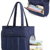 A navy blue insulated multi-pocket work tote bag with a laptop compartment and a separate zippered pouch.