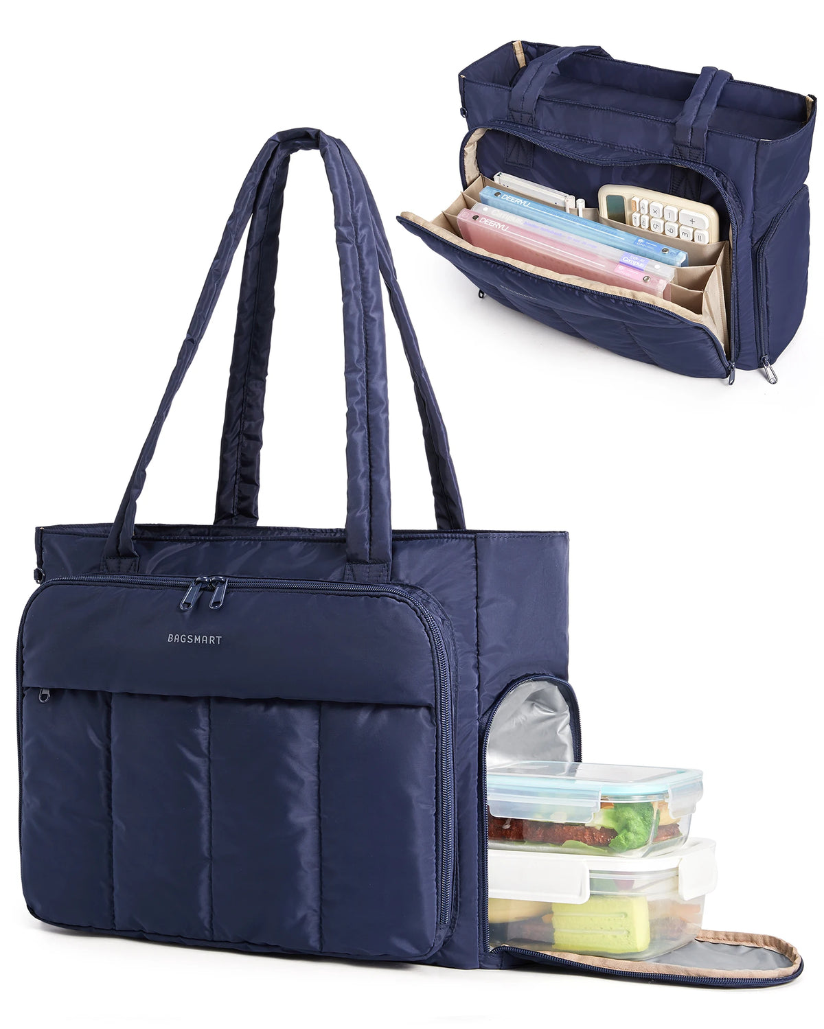 A navy blue insulated multi-pocket work tote bag with a laptop compartment and a separate zippered pouch.