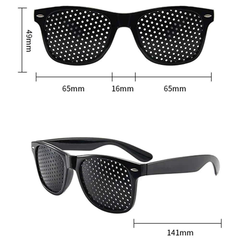 Black precision vision correction glasses with a perforated lens and black frame.