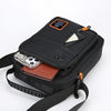 Black men's crossbody sling bag with a flap and an attached leather wallet.