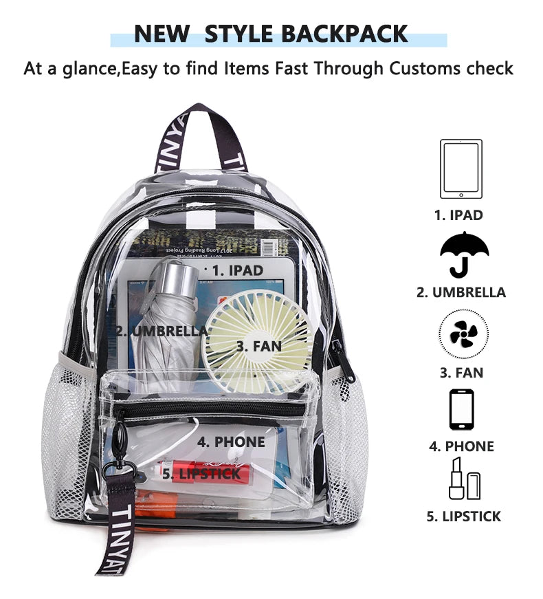A clear backpack organized with compartments for an iPad, umbrella, fan, phone, and lipstick.