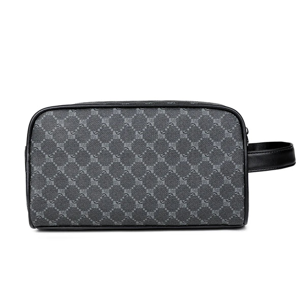 A black vintage PU leather clutch bag with a subtle gray geometric pattern.