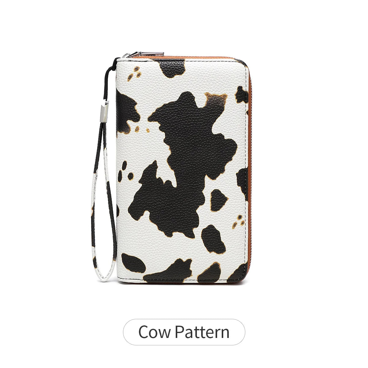 A women's PU leather zipper wallet featuring a black and brown cow pattern on a white background.