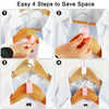 Four steps demonstrating how to use a multi-hook wardrobe organizer for saving space.