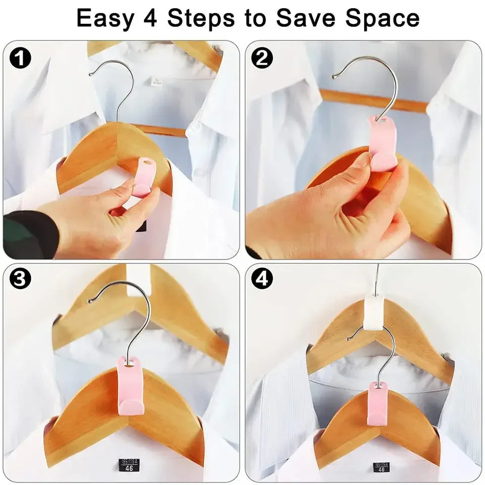 Four steps demonstrating how to use a multi-hook wardrobe organizer for saving space.