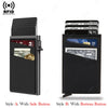Two styles of a black metal RFID blocking card holder, one with a side button and one with a bottom button.