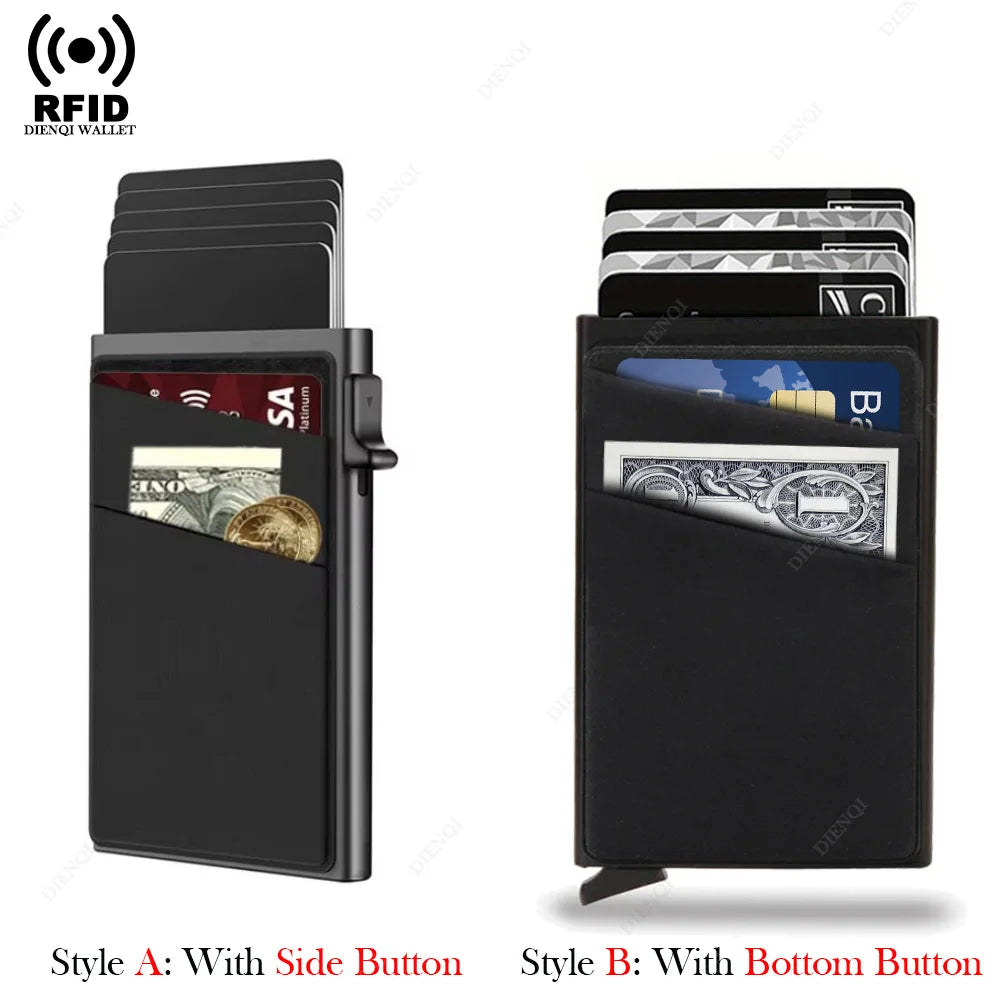 Two styles of a black metal RFID blocking card holder, one with a side button and one with a bottom button.