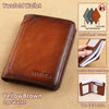 A brown two-fold wallet made of cow leather with a lining, shown in various styles.