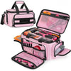 A pink heavy-duty multi-pocket tool bag with a zippered compartment and reinforced base is shown open.