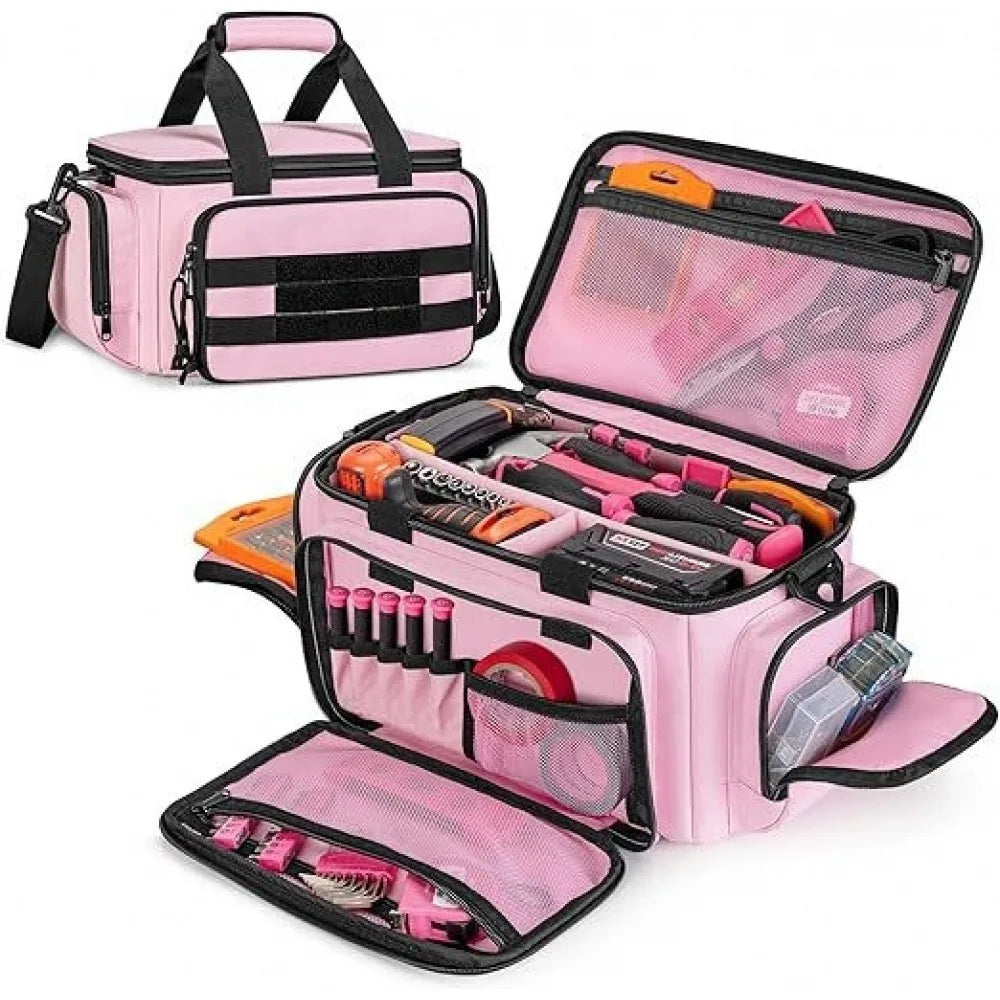 A pink heavy-duty multi-pocket tool bag with a zippered compartment and reinforced base is shown open.