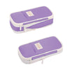 A purple pencil case with a white trim and a small tag is shown from above.