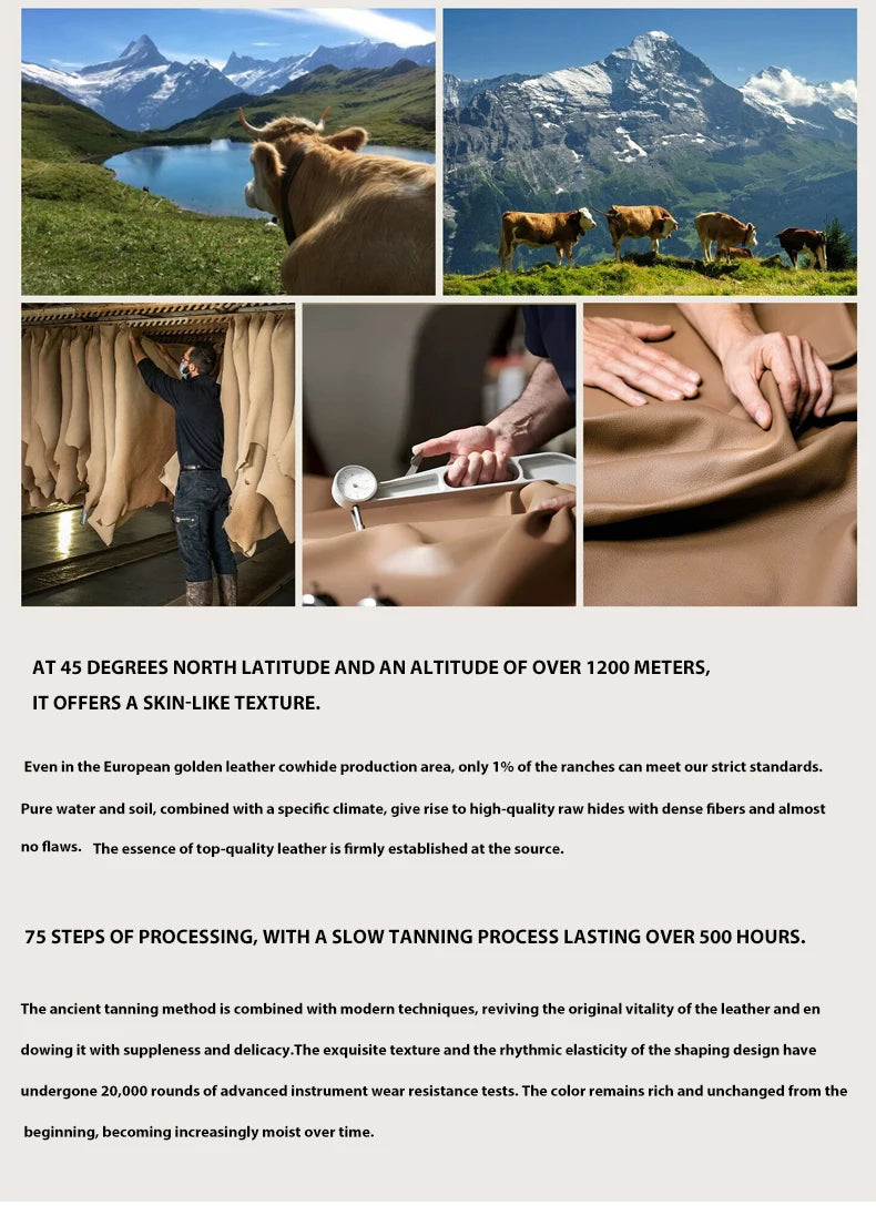 A collage showing raw leather, finished leather goods, and a close-up of a hand working on tanning process.