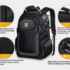 Black durable men's laptop backpack showing features like explosion-proof zippers, elastic back pad, and breathable mesh desi