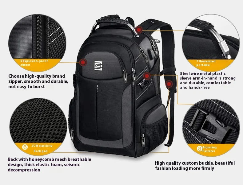 Black durable men's laptop backpack showing features like explosion-proof zippers, elastic back pad, and breathable mesh desi