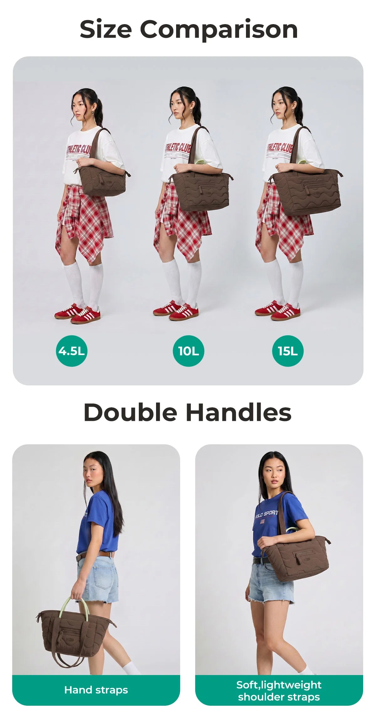 Comparison of three sizes of a quilted tote bag with double handles and hand straps versus soft lightweight shoulder straps.