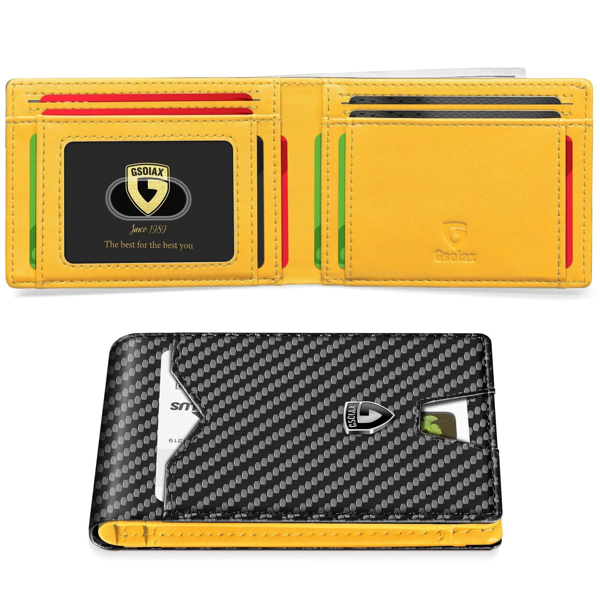 A yellow leather card holder with a black geometric design and a gold logo.