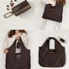 A dark brown cloth storage pouch with a leather keychain attached, shown in various angles.
