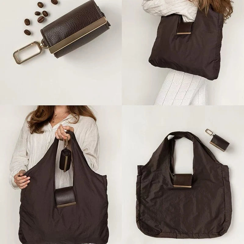 A dark brown cloth storage pouch with a leather keychain attached, shown in various angles.