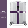 Silver adjustable luggage with a purple cross strap and bundling belt.