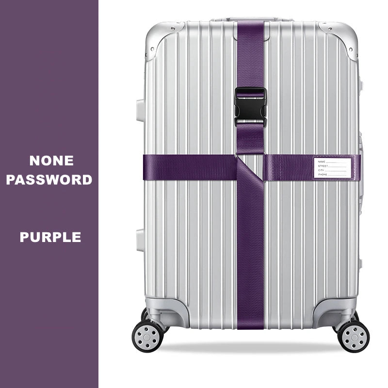 Silver adjustable luggage with a purple cross strap and bundling belt.