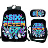 A black backpack set featuring six and seven themed designs on the fabric.